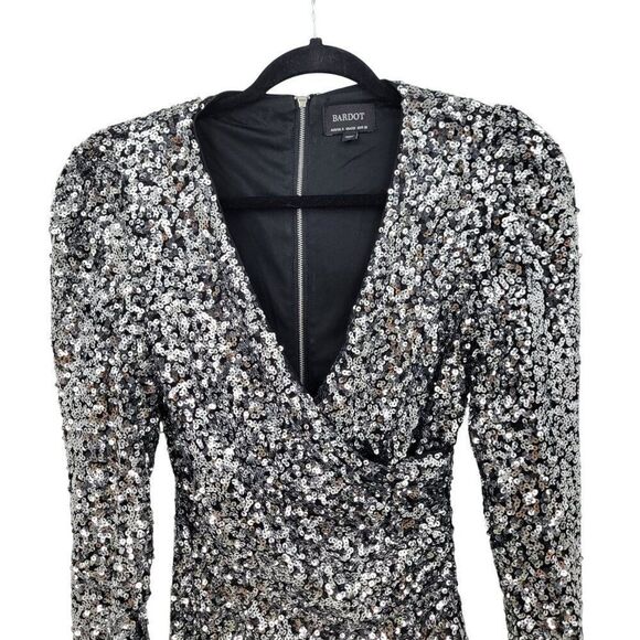 Bardot Womens Sequin Sparkle Dress Sz S Wrap Bodycon Mini Silver Sexy Cocktail - Picture 5 of 12